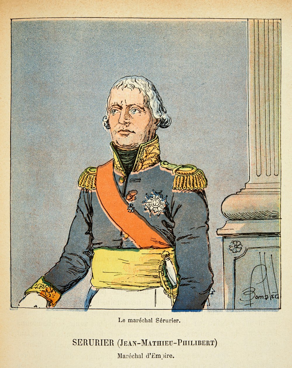 Illustration af den bombede Louis (1862-1927) fra bogen "The Memorial of Saint Helene" af grev Emmanuel de Las Cases (1766-1842): Portræt af marechal Jean Mathieu Philibert Serurier (1742-1819), Private Collectionswed av Louis Charles Bombled