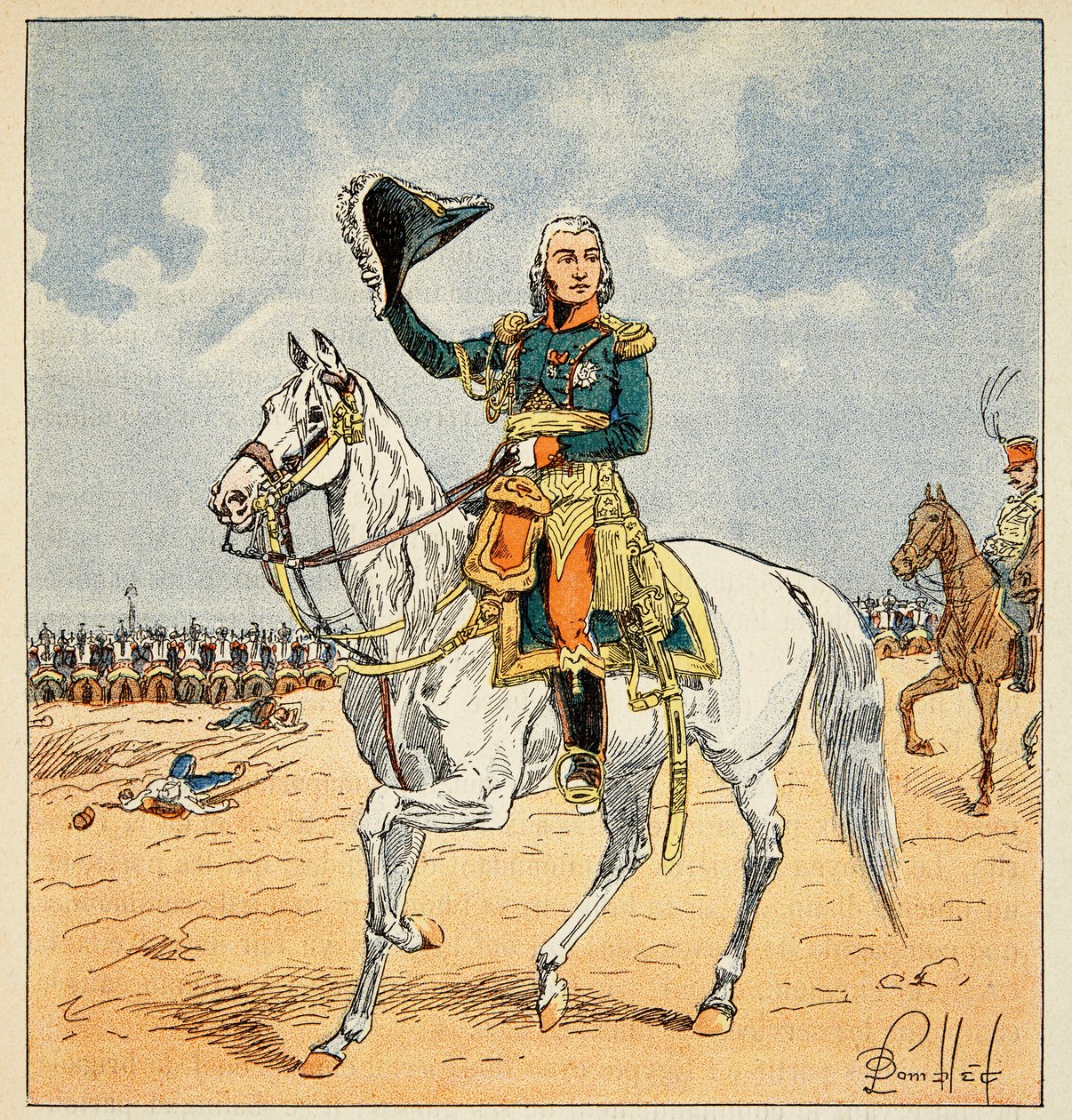 Illustration af den bombede Louis (1862-1927) fra bogen "The Memorial of Saint Helene" af grev Emmanuel de Las Cases (1766-1842): Rytterportræt af marechal Jean Baptiste Bessieres (1768-1813), hertug af Istrien, privat Collectionswed av Louis Charles Bombled
