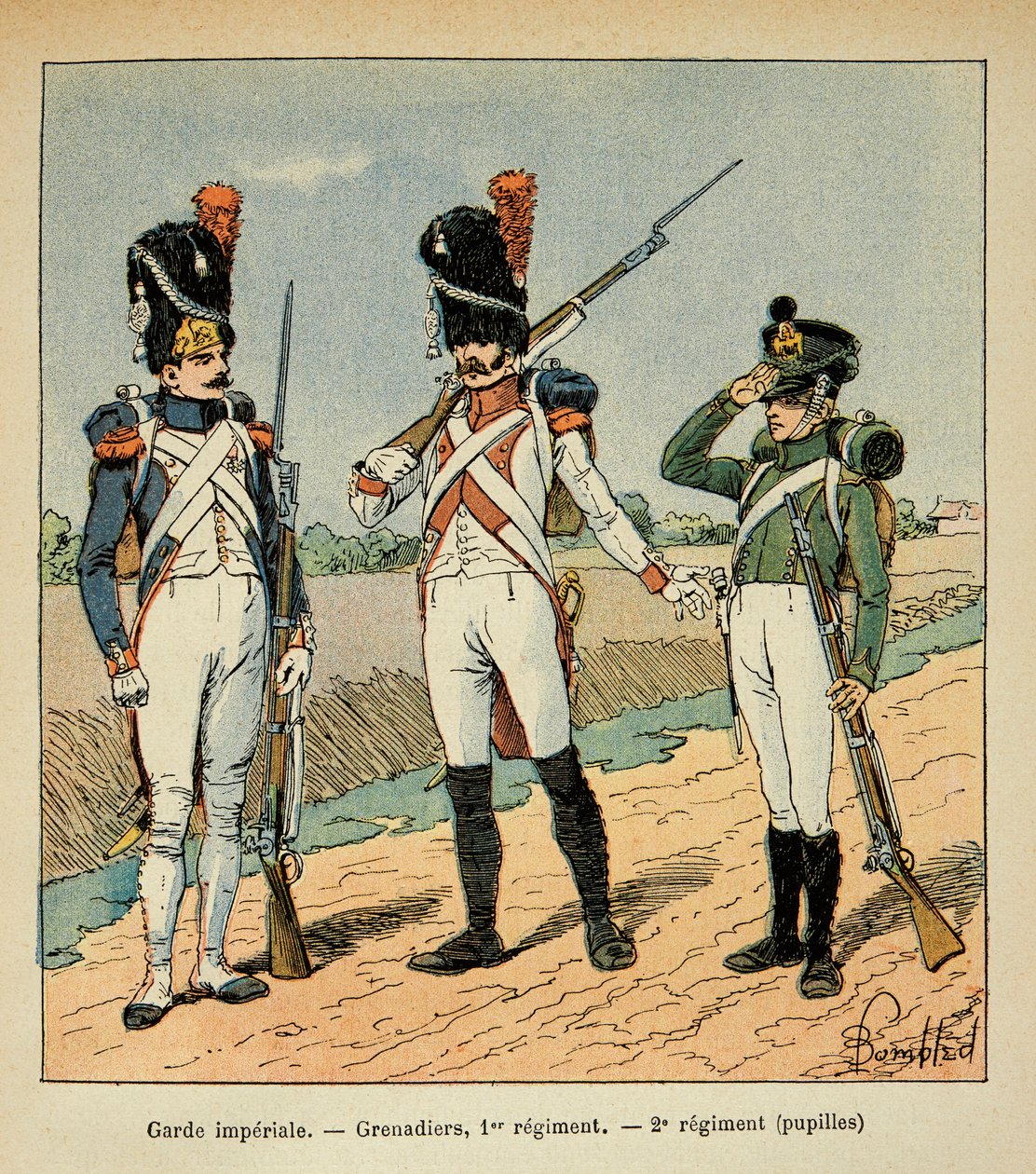 Illustration av den bombade Louis (1862-1927) från boken "The Memorial of Saint Helene" av greve Emmanuel de Las Cases (1766-1842): Garde Imperiale; grenadjär vid 1:a regementet; elever av 2:a regementet, Privatsamling av Louis Charles Bombled