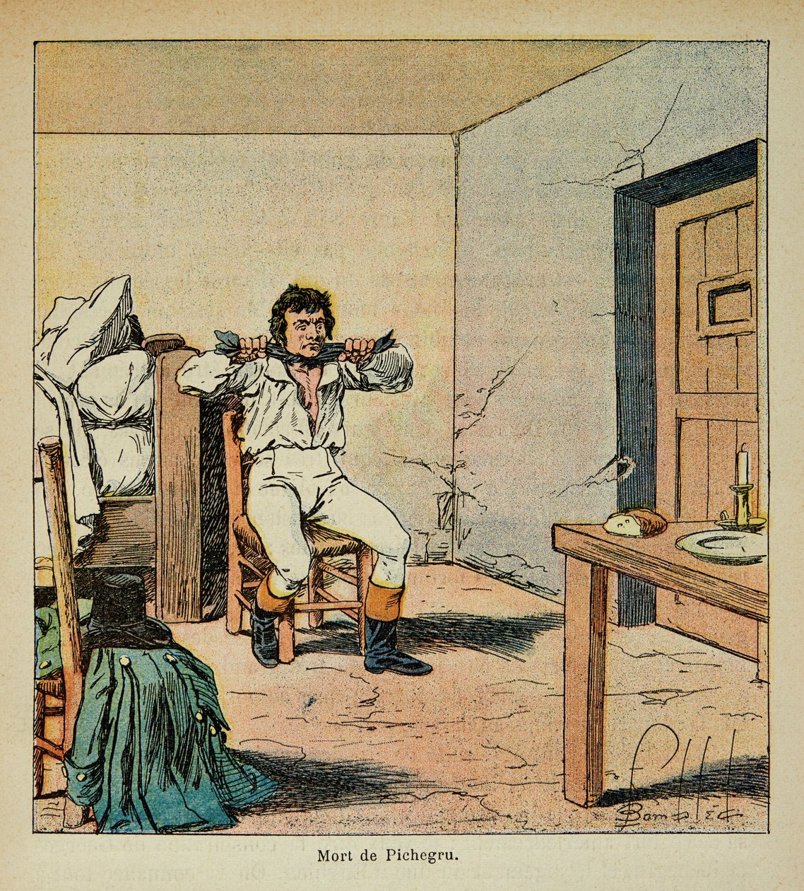 Illustration av bombade Louis (1862-1927) från boken "The Memorial of Saint Helene" av greve Emmanuel de Las Cases (1766-1842): Jean Charles Pichegrus (1761-1804) död i hans fängelse 1804, privat samling av Louis Charles Bombled