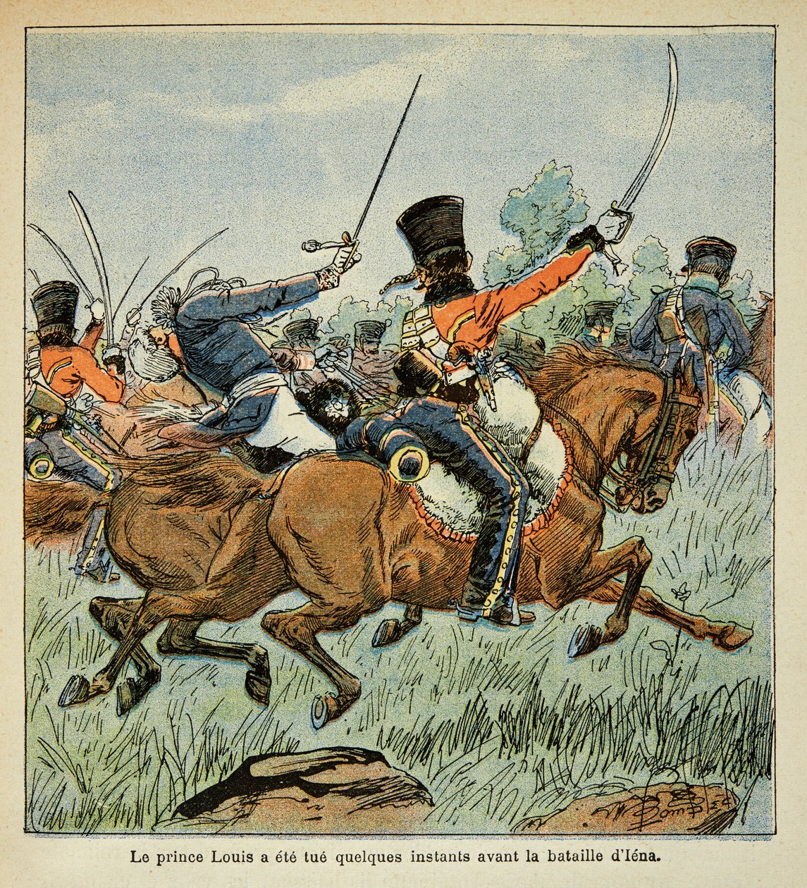 Illustration av den bombade Louis (1862-1927) från boken "The Memorial of Saint Helene" av greve Emmanuel de Las Cases (1766-1842): Prins Louis Ferdinand av Preussens död (1772-1806) under slaget vid Saalfeld i oktober 10 av Louis Charles Bombled