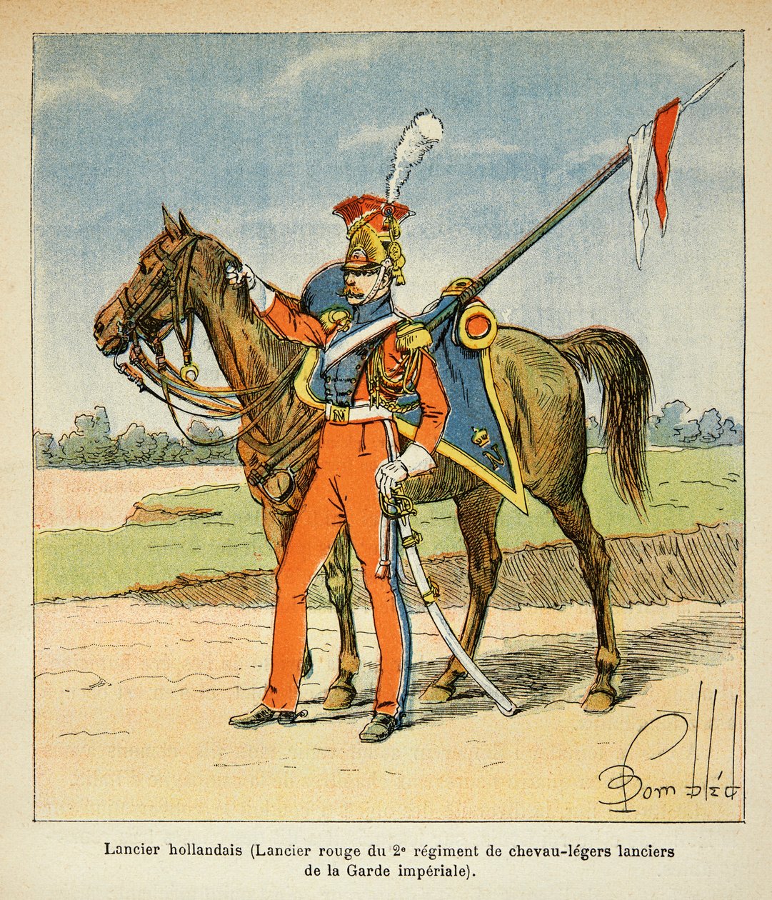 Illustration av den bombade Louis (1862-1927) från boken "The Memorial of Saint Helene" av greve Emmanuel de Las Cases (1766-1842): Porträtt av en holländsk Lancer (Red Lancer av 2:a, th regementet av lätta hästar av Imperial Guard), Privat samling av Louis Charles Bombled