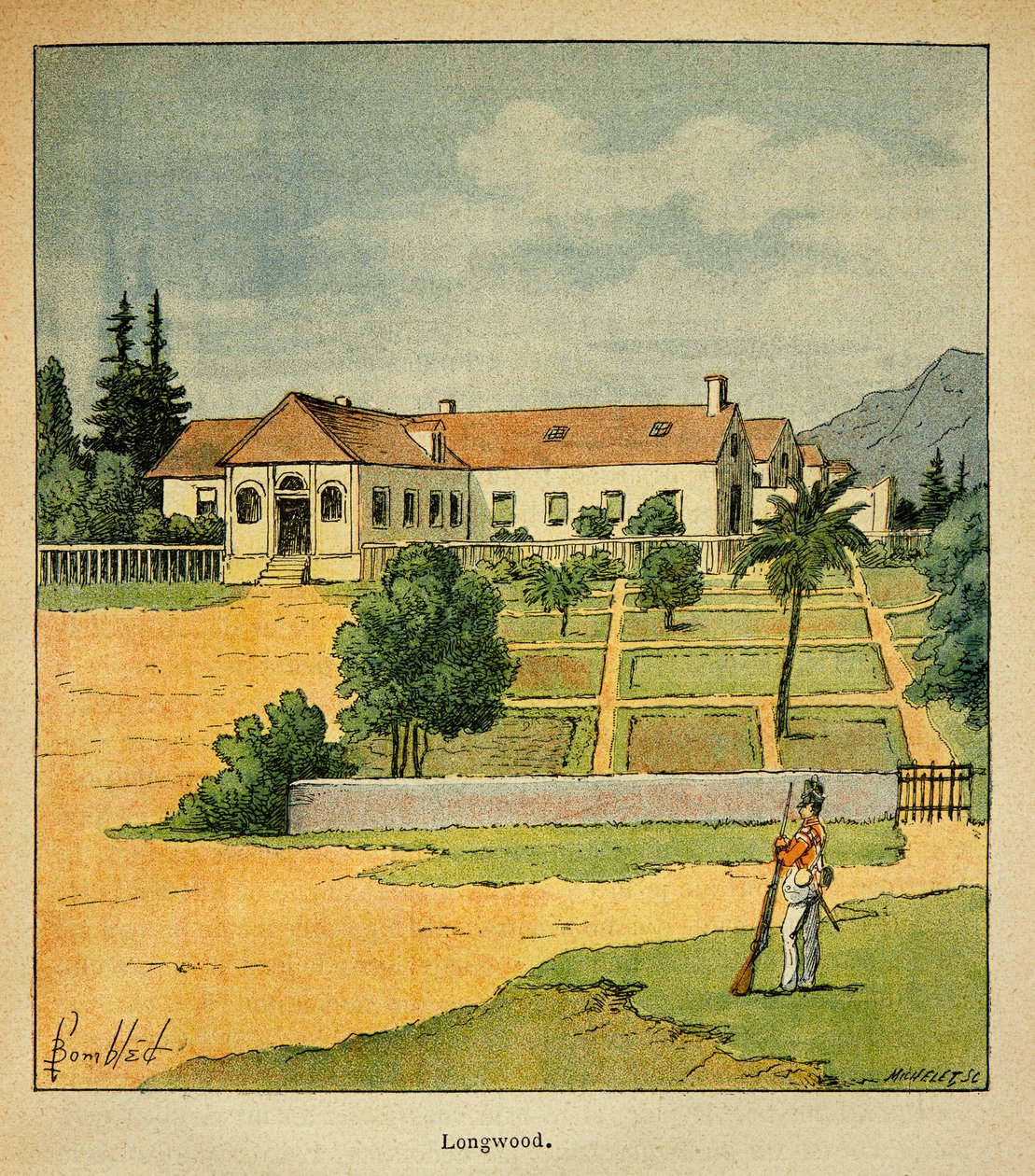 Illustration av bombade Louis (1862-1927) från boken "The Memorial of Saint Helene" av greve Emmanuel de Las Cases (1766-1842): View of Longwood to Ste Helene, Private Collection av Louis Charles Bombled