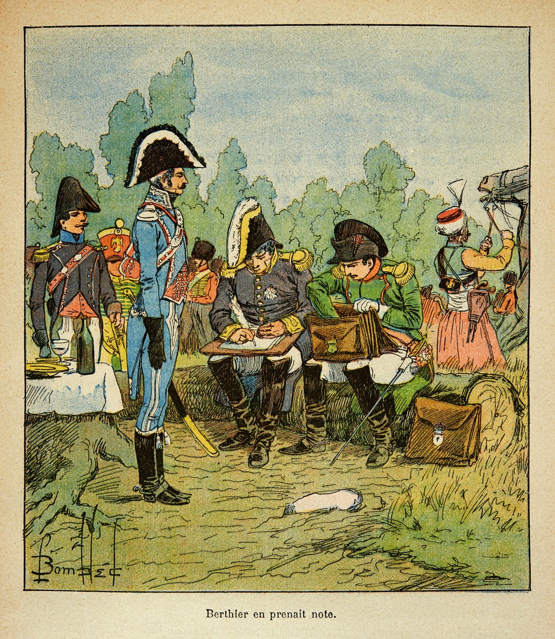 Illustration av den bombade Louis (1862-1927) från boken "The Memorial of Saint Helene" av greve Emmanuel de Las Cases (1766-1842): Marechalen Louis Alexandre Berthier (1753-1815) noterar Napoleons order, Collection Partial av Louis Charles Bombled