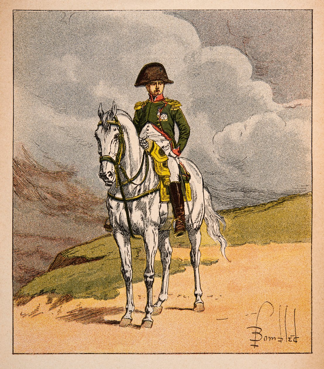 Illustration av bombade Louis (1862-1927) från boken "The Memorial of Saint Helene" av greve Emmanuel de Las Cases (1766-1842): Ridsporträtt av kejsar Napoleon 1.er, privat samling av Louis Charles Bombled
