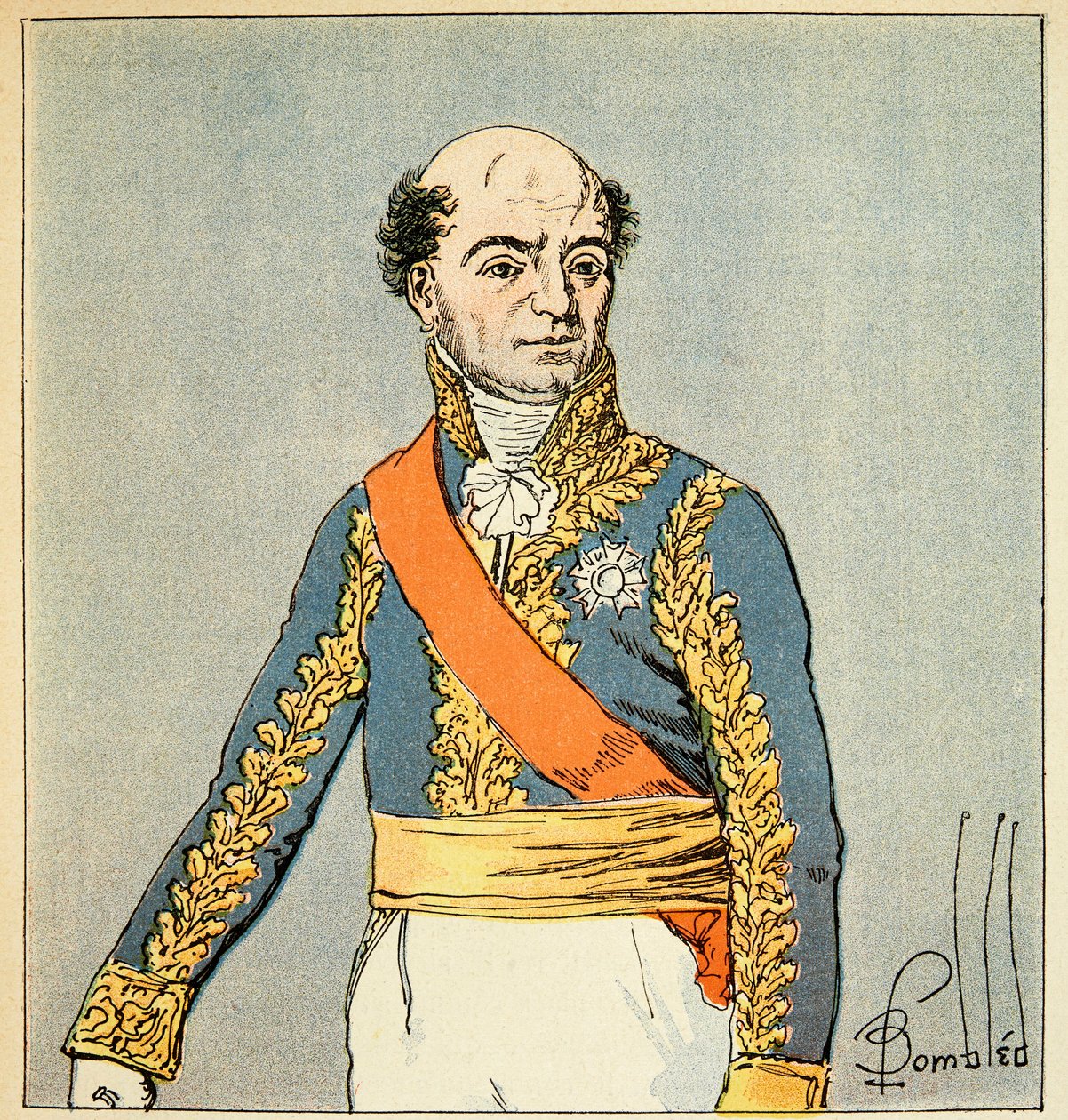 Illustration av den bombade Louis (1862-1927) från boken "The Memorial of Saint Helene" av greve Emmanuel de Las Cases (1766-1842): Porträtt av marechal Catherine Dominique de Perignon (1754-1818) Privat samling av Louis Charles Bombled