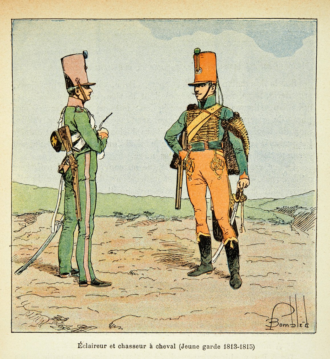 Illustration av bombade Louis (1862-1927) från boken "The Memorial of Saint Helene" av greve Emmanuel de Las Cases (1766-1842): Armee Francaise: Scout och jägare av det unga gardet 1813 - 1815, Privat samling av Louis Charles Bombled