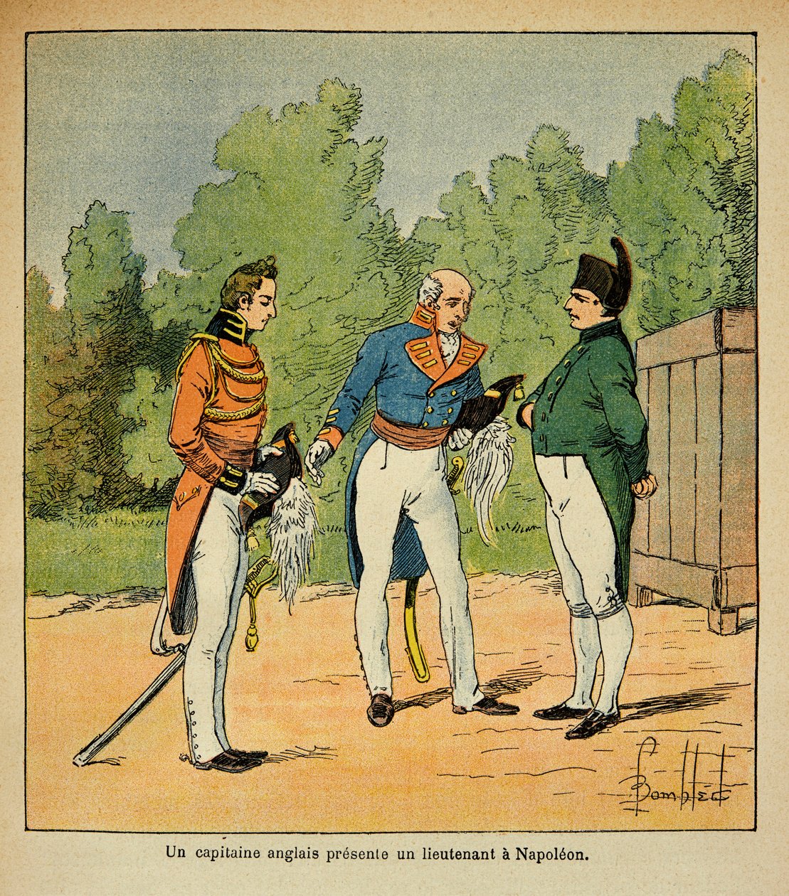 Illustration av Bombled Louis (1862-1927) från boken "The Memorial of Saint Helene" av greve Emmanuel de Las Cases (1766-1842): En engelsk kapten överlämnar en löjtnant till kejsar Napoleon till Helene, privat samling. av Louis Charles Bombled