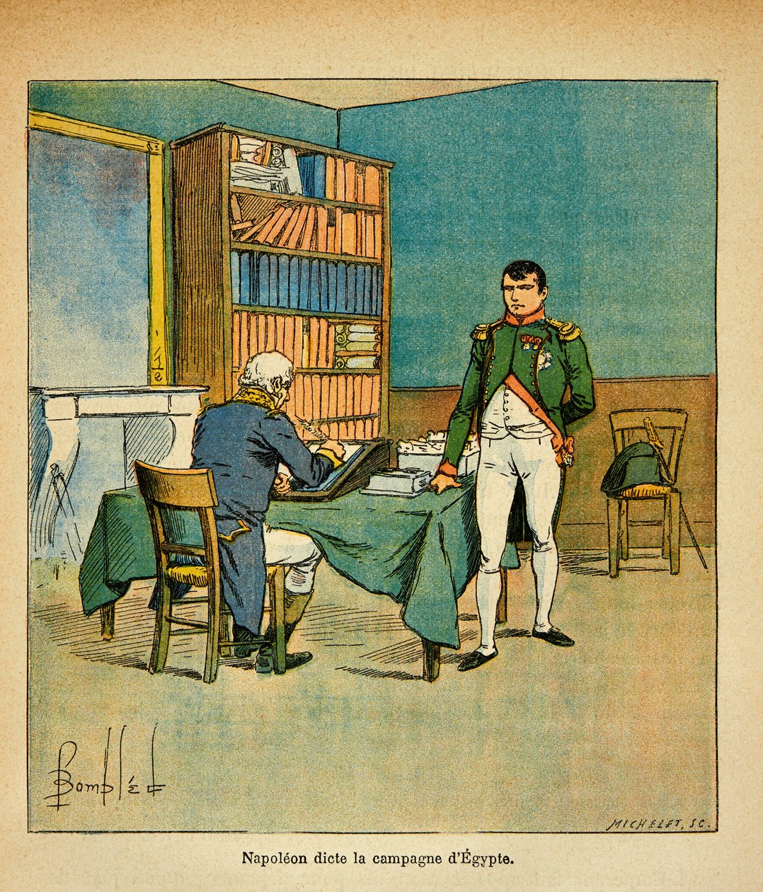 Illustration av Bombled Louis (1862-1927) från boken "The Memorial of Saint Helene" av greve Emmanuel de Las Cases (1766-1842): I sin exil dikterar kejsar Napoleon sina minnesmärken till den store marskalken Henri Gatien Bertrand (1773-1844) på den egyptis av Louis Charles Bombled