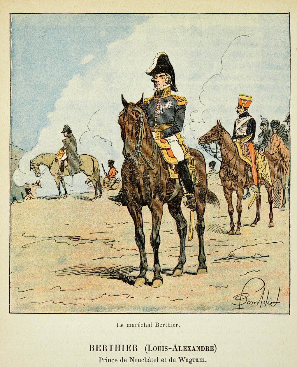 Illustration av Bombled Louis (1862-1927) från boken "The Memorial of Saint Helene" av greve Emmanuel de Las Cases (1766-1842): Porträtt till häst av ryttaren Louis Alexandre Berthier (1753-1815), prins av Neufchatel och av Wagram, privat samling. av Louis Charles Bombled