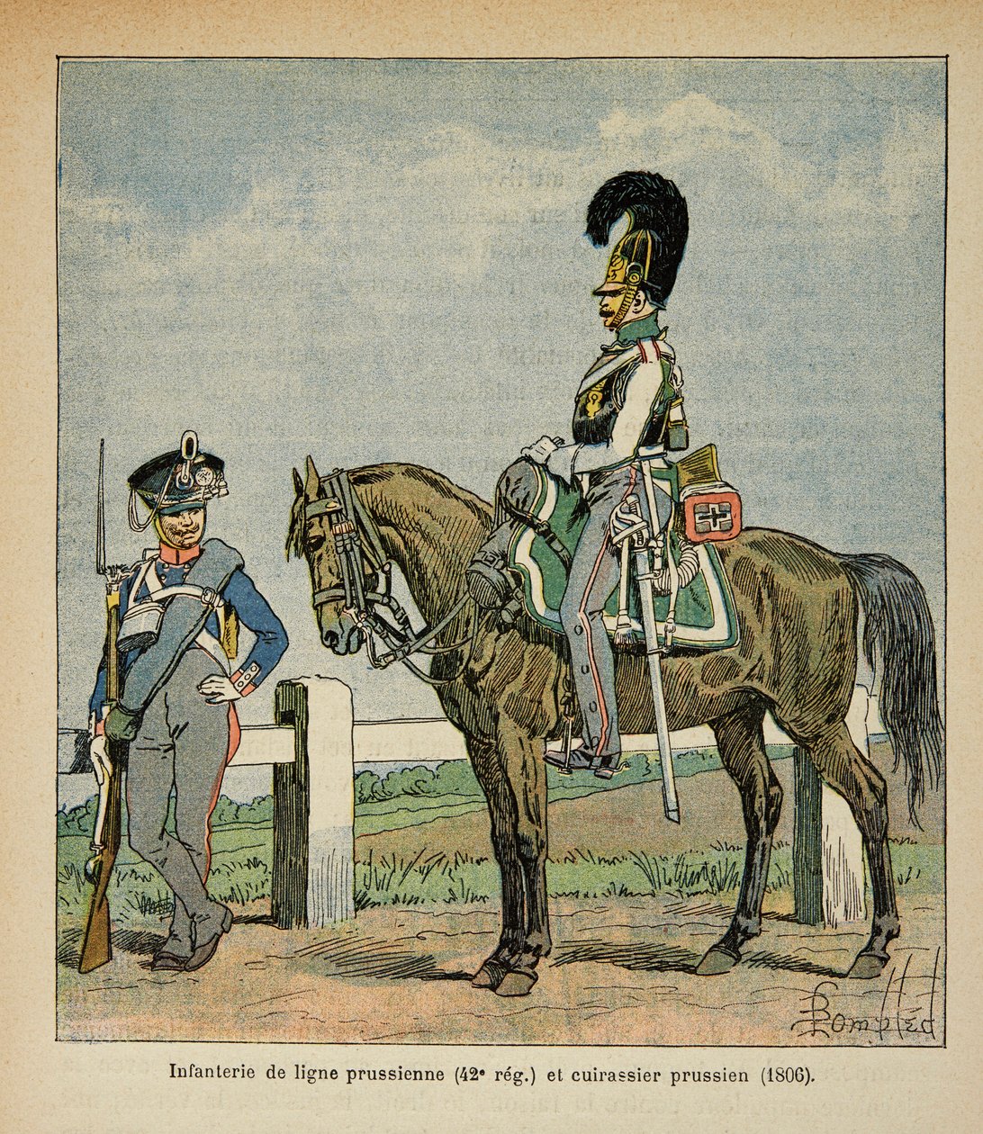 Illustration av den bombade Louis (1862-1927) från boken "The Memorial of Saint Helene" av greve Emmanuel de Las Cases (1766-1842): Infanteri av den preussiska linjen (42, eme regemente) och preussiska slagskepp av Louis Charles Bombled