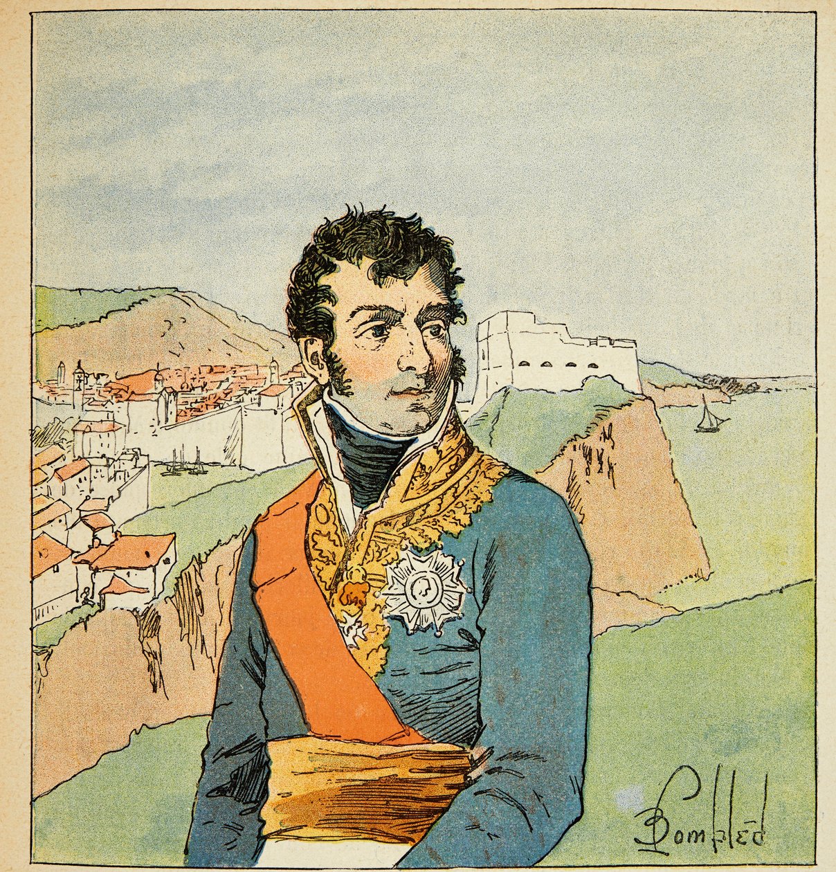 Illustration av bombade Louis (1862-1927) från boken "The Memorial of Saint Helene" av greve Emmanuel de Las Cases (1766-1842): Porträtt av marechalen Auguste Frederic Louis (Auguste-Frederic-Louis) av Viesse de Marmont ( 1774-1852), hertig av Raguse, Pr av Louis Charles Bombled