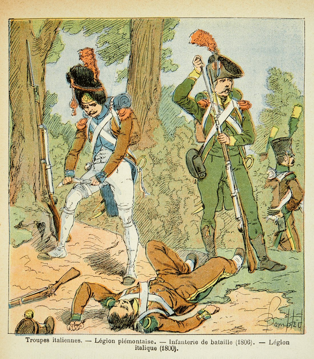 Illustration av bombade Louis (1862-1927) från boken "The Memorial of Saint Helene" av greve Emmanuel de Las Cases (1766-1842): Italienska trupper, Piemontaise Legion: Battle Infantry (1806, Italic Legion (1800), Privat samling av Louis Charles Bombled