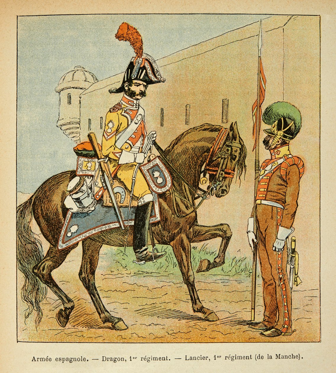 Illustration av den bombade Louis (1862-1927) från boken "The Memorial of Saint Helene" av greve Emmanuel de Las Cases (1766-1842): Spanish Armee: Dragon of the 1st Regiment and Lancier of the 1st Regiment of the Channel, Private Samling av Louis Charles Bombled
