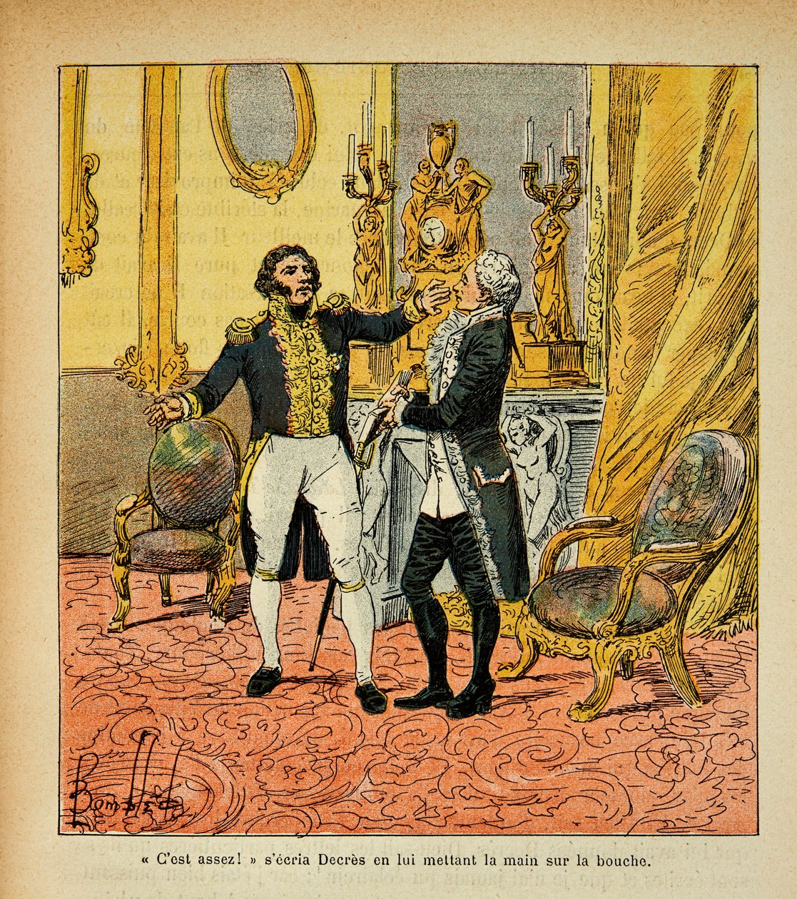 Illustration av bombade Louis (1862-1927) från boken "The Memorial of Saint Helene" av greve Emmanuel de Las Cases (1766-1842): Talleyrand (1754-1838) vänd mot Denis Decres (1761-1820) Privat samling av Louis Charles Bombled