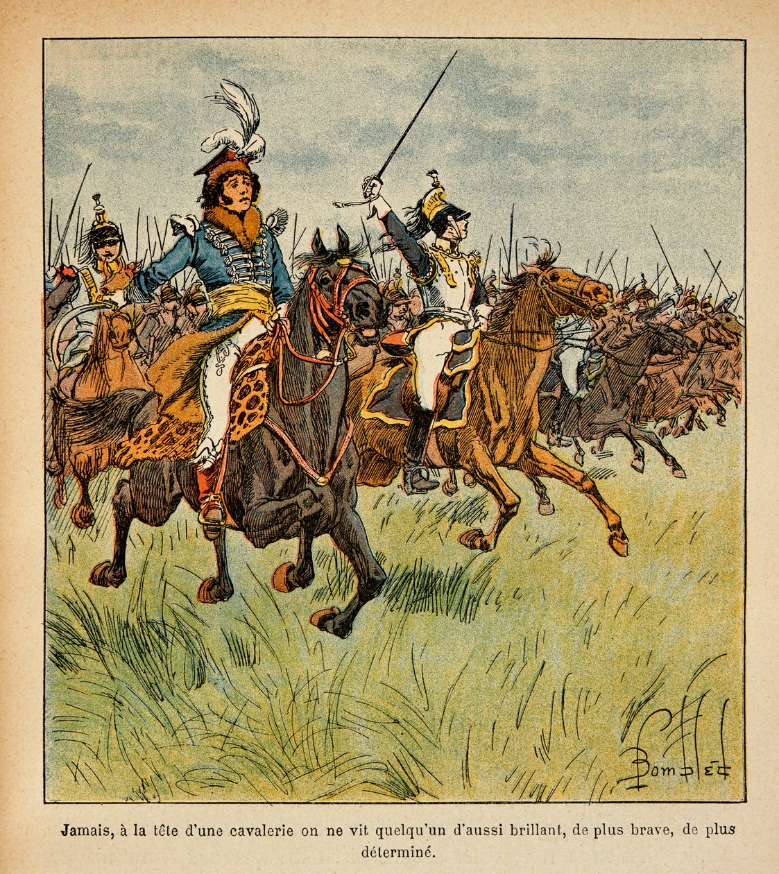 Illustration av bombade Louis (1862-1927) från boken "The Memorial of Saint Helene" av greve Emmanuel de Las Cases (1766-1842): Joachim Murat (1767-1815) laddar i spetsen för sitt kavalleri, privat samling av Louis Charles Bombled