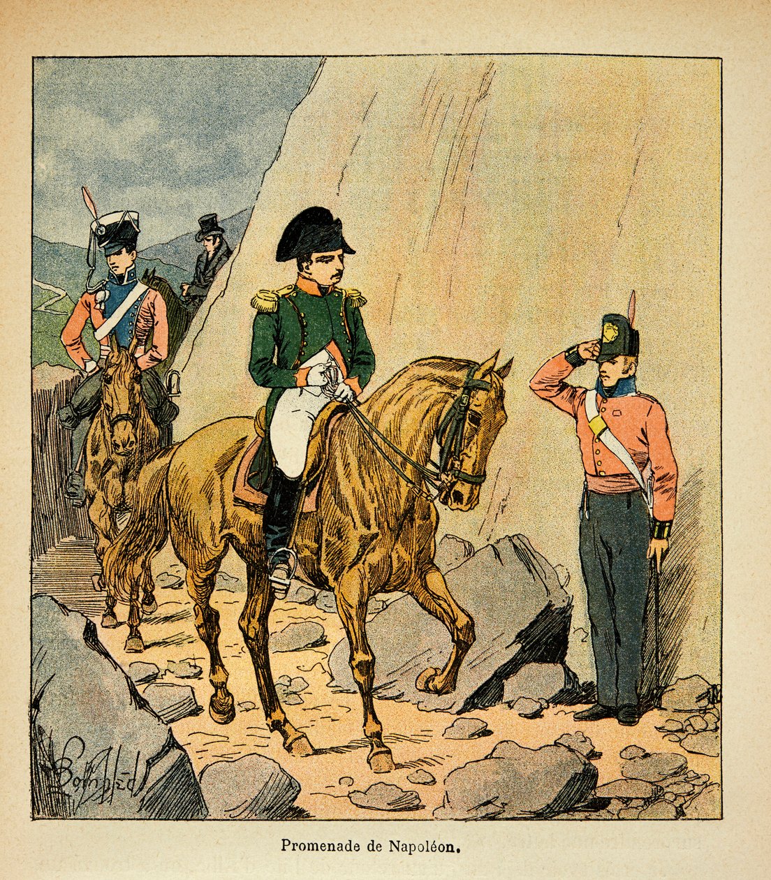 Illustration av den bombade Louis (1862-1927) från boken "The Memorial of Saint Helene" av greve Emmanuel de Las Cases (1766-1842): Kejsar Napoleons promenad till St. Helene, privat samling av Louis Charles Bombled