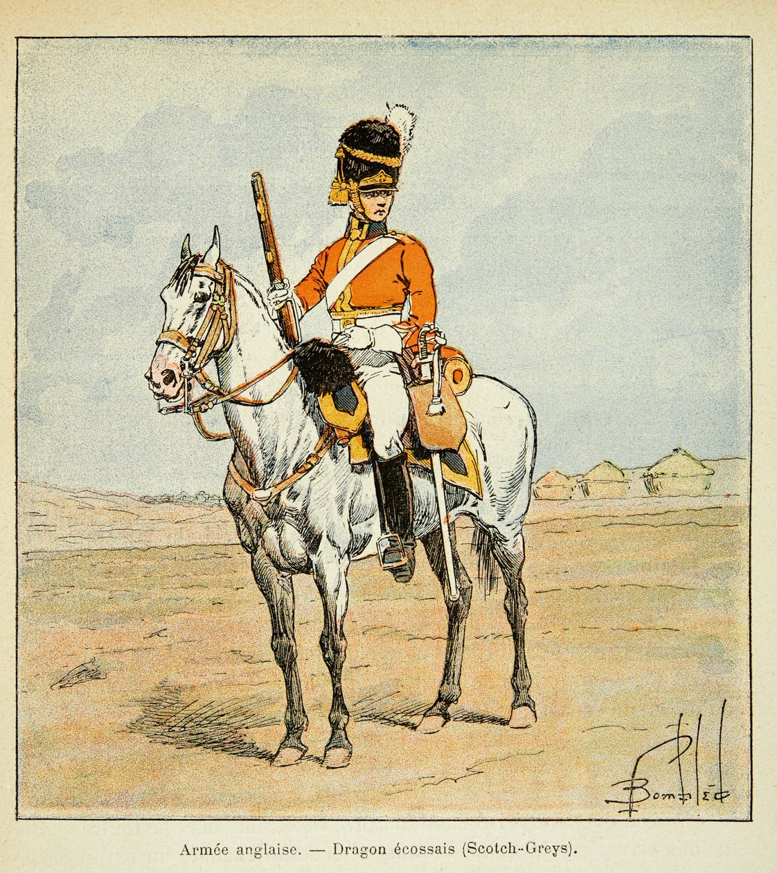 Illustration av bombade Louis (1862-1927) från boken "The Memorial of Saint Helene" av greve Emmanuel de Las Cases (1766-1842): English Armee: Scottish Dragons (scotch greys), Privat samling av Louis Charles Bombled