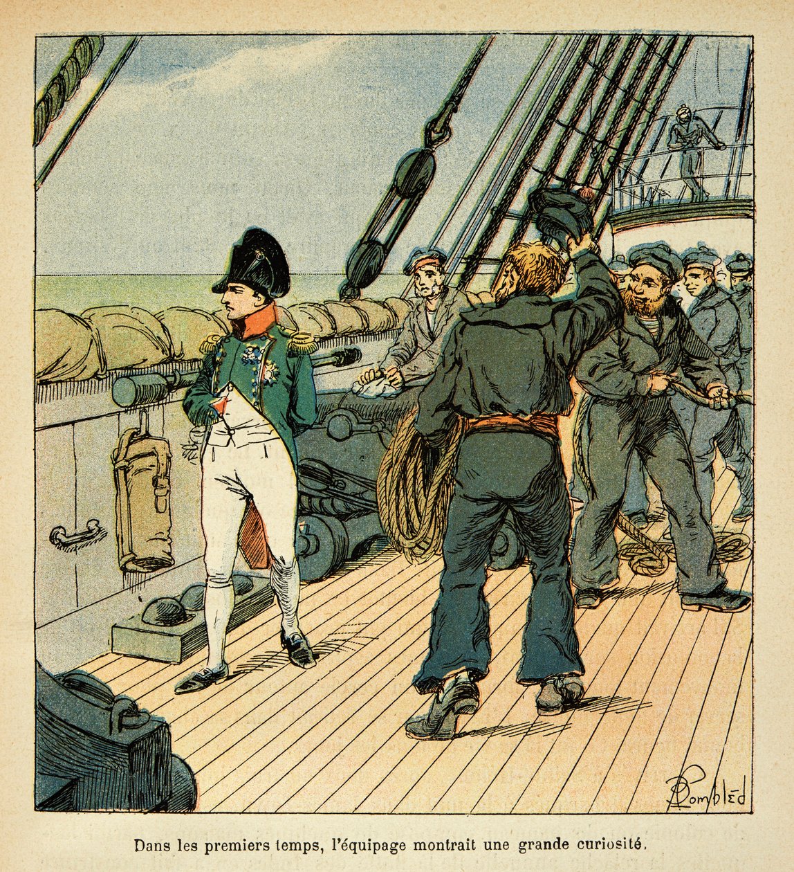 Illustration av den bombade Louis (1862-1927) från boken "The Memorial of Saint Helene" av greve Emmanuel de Las Cases (1766-1842): Napoleon på väg till St. Helene ombord på Northumberland lockar besättningens sympati, Private Collection av Louis Charles Bombled