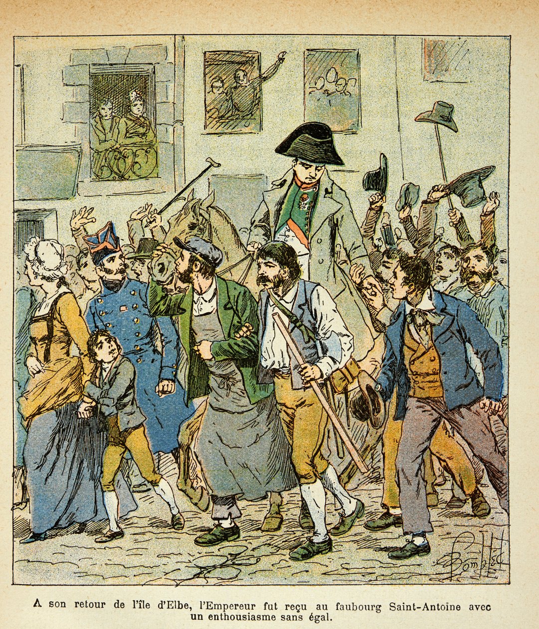 Illustration av den bombade Louis (1862-1927) från boken "The Memorial of Saint Helene" av greve Emmanuel de Las Cases (1766-1842): När han återvände från Elba, togs kejsaren emot i faubourg Saint Antoine med oöverträffad entusiasm, Speciellt Collec av Louis Charles Bombled