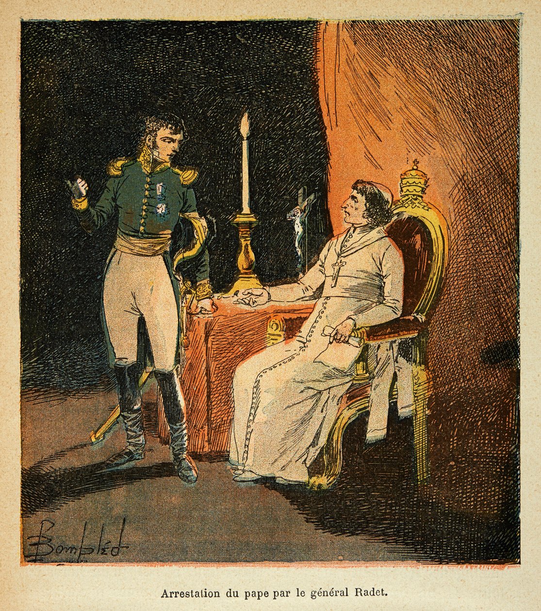 Illustration av den bombade Louis (1862-1927) från boken "The Memorial of Saint Helene" av greve Emmanuel de Las Cases (1766-1842): arrestering av påven Pius VII av general Stephen Radet (1762-1825) 1809, privat samling av Louis Charles Bombled