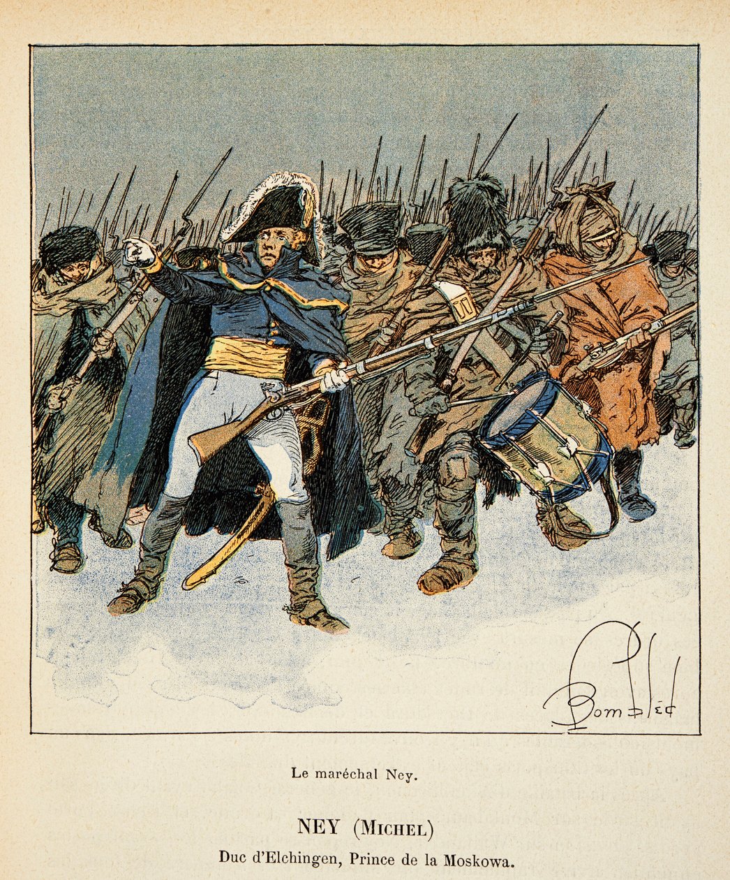 Illustration av den bombade Louis (1862-1927) från boken "The Memorial of St. Helene" av greve Emmanuel de Las Cases (1766-1842): Porträtt av marechal Michel Ney (1769-1815), hertig av Elchingen, prins av Moskova , under Rysslands reträtt, Private Collec av Louis Charles Bombled