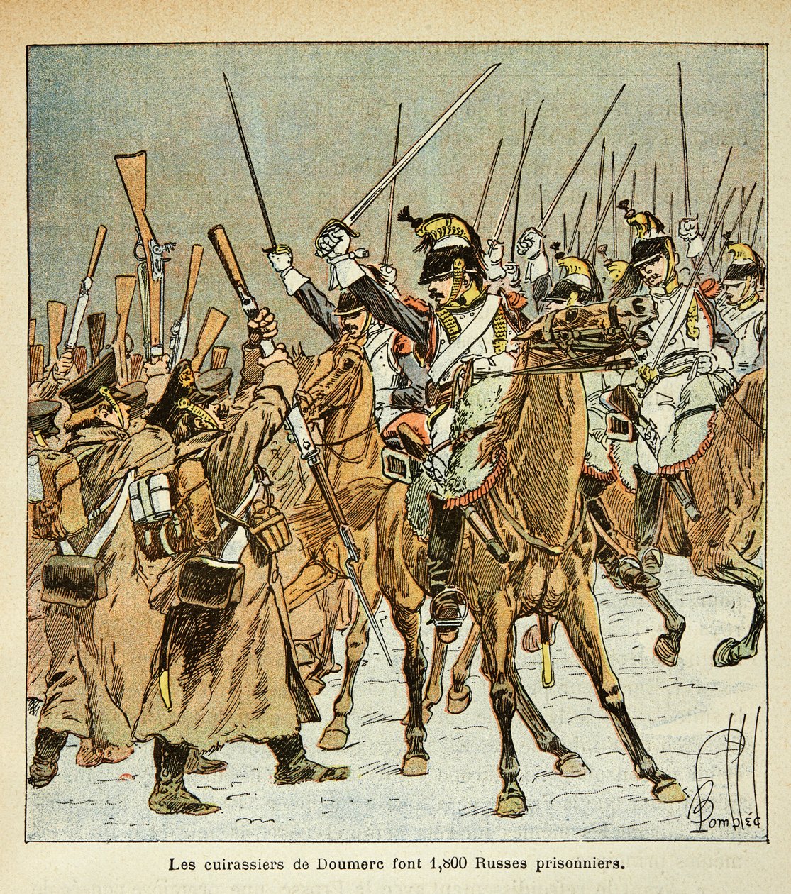Illustration av bombade Louis (1862-1927) från boken "The Memorial of St. Helene" av greve Emmanuel de Las Cases (1766-1842): Överste Doumeres nionde regemente av slagskepp fångade 1800 ryssar under det ryska fälttåget, privat samling av Louis Charles Bombled