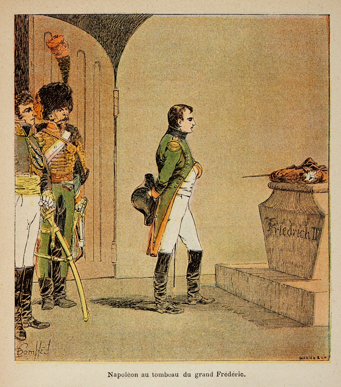Illustration av den bombade Louis (1862-1927) från boken "The Memorial of St. Helene" av greve Emmanuel de Las Cases (1766-1842): Napoleon mediterar på Fredrik II av Preussens kista i kryptan i GarnisonKirche i Potsdam i 1806, Privata Collecti av Louis Charles Bombled