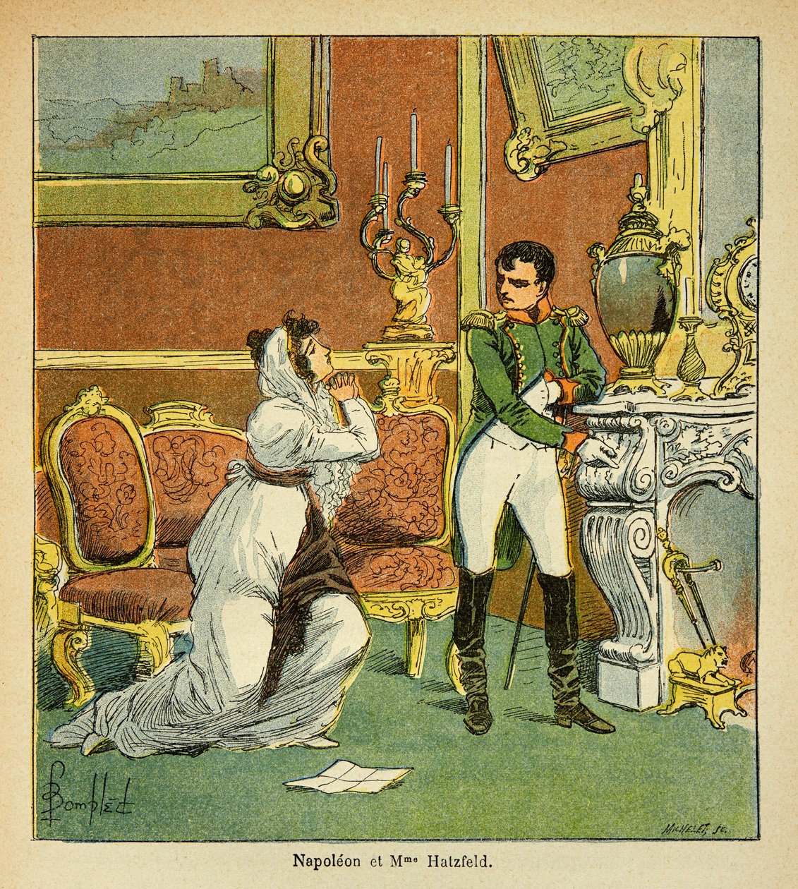 Illustration av den bombade Louis (1862-1927) från boken "The Memorial of St. Helene" av greve Emmanuel de Las Cases (1766-1842): Clemence av kejsar Napoleon mot prinsessan av Hatzfeld, som ber om sin mans nåd , Privat samling av Louis Charles Bombled
