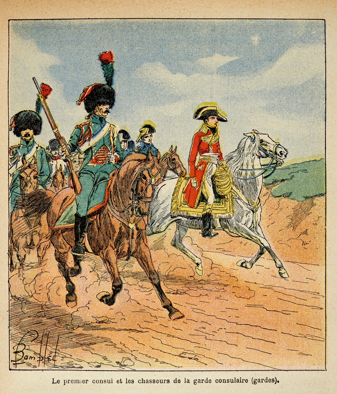 Illustration av bombade Louis (1862-1927) från boken "The Memorial se Sainte Helene" av greve Emmanuel de Las Cases (1766-1842): Konsulgardets förste konsul och jägare, privat samling av Louis Charles Bombled
