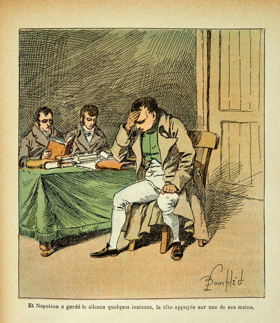 Illustration av den bombade Louis (1862-1927) från boken "The memorial se Sainte Helene" av greve Emmanuel de Las Cases (1766-1842): Kejsar Napoleon mediterar i reaktionen på sina minnesmärken, Privat samling av Louis Charles Bombled