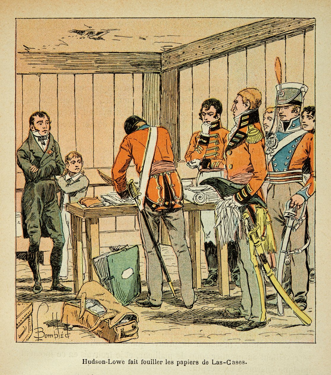 Illustration av bombade Louis (1862-1927) från boken "The memorial se Sainte Helene" av greve Emmanuel de Las Cases (1766-1842): Hudson Lowe (1769-1844) genomsöker Las Cases papper, Privat samling av Louis Charles Bombled