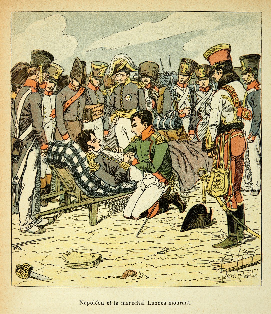 Illustration av bombade Louis (1862-1927) från boken "The memorial se Sainte Helene" av greve Emmanuel de Las Cases (1766-1842): Marechal Jean Lannes död (1769-1809), Kejsaren Napoleon har sina Cotes, privat Samling av Louis Charles Bombled