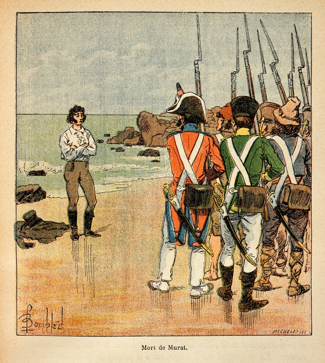 Illustration av den bombade Louis (1862-1927) från boken "The memorial se Sainte Helene" av greve Emmanuel de Las Cases (1766-1842): Joachim Murats död (1767-1815), privat samling av Louis Charles Bombled