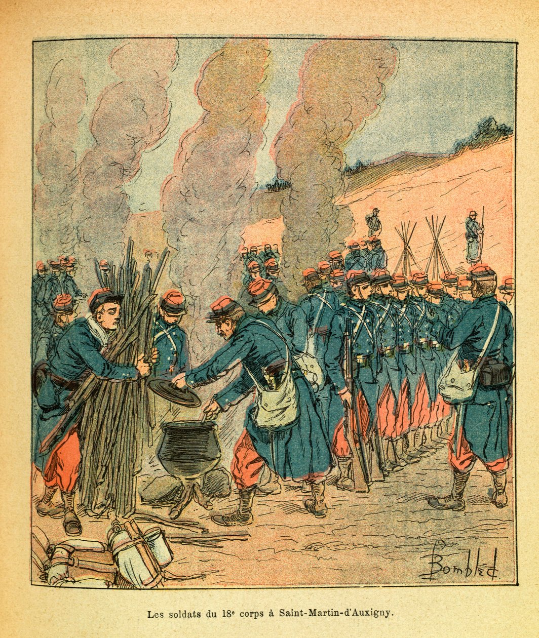 The Army of the East av Eugene Sergeant, dit Grenest, illustrerad av Louis Bombled (1862-1927) (fransk-tyska kriget; kampanj 1870 -1871): Soldaterna från den 18:e kåren vid Saint Martin d