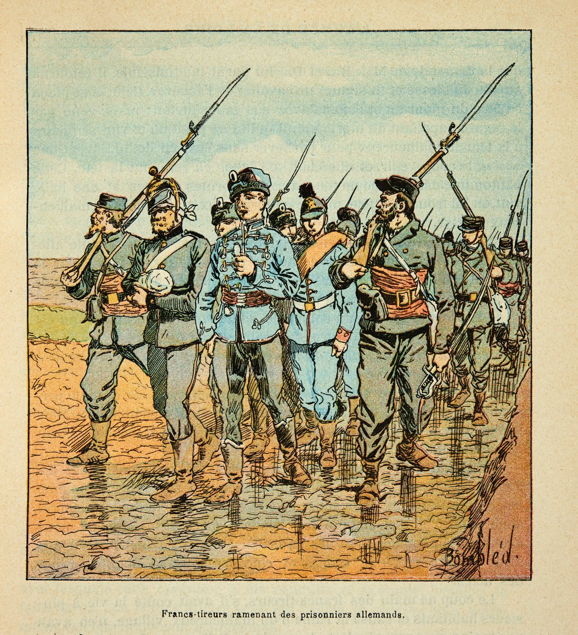 The Army of the Loire av Eugene Sergent, dit Grenest, illustrerad av Louis Bombled (1862-1927) (fransk-tyska kriget; kampanj 1870-1871): Frisläckare som förde tillbaka tyska fångar i oktober 1870, privat samling av Louis Charles Bombled