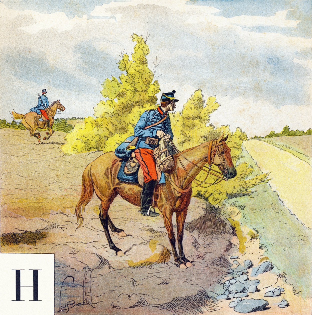 Bokstaven H: Husarer, "Jag kommer att vara en soldat" - Militärt alfabet av Louis Charles Bombled