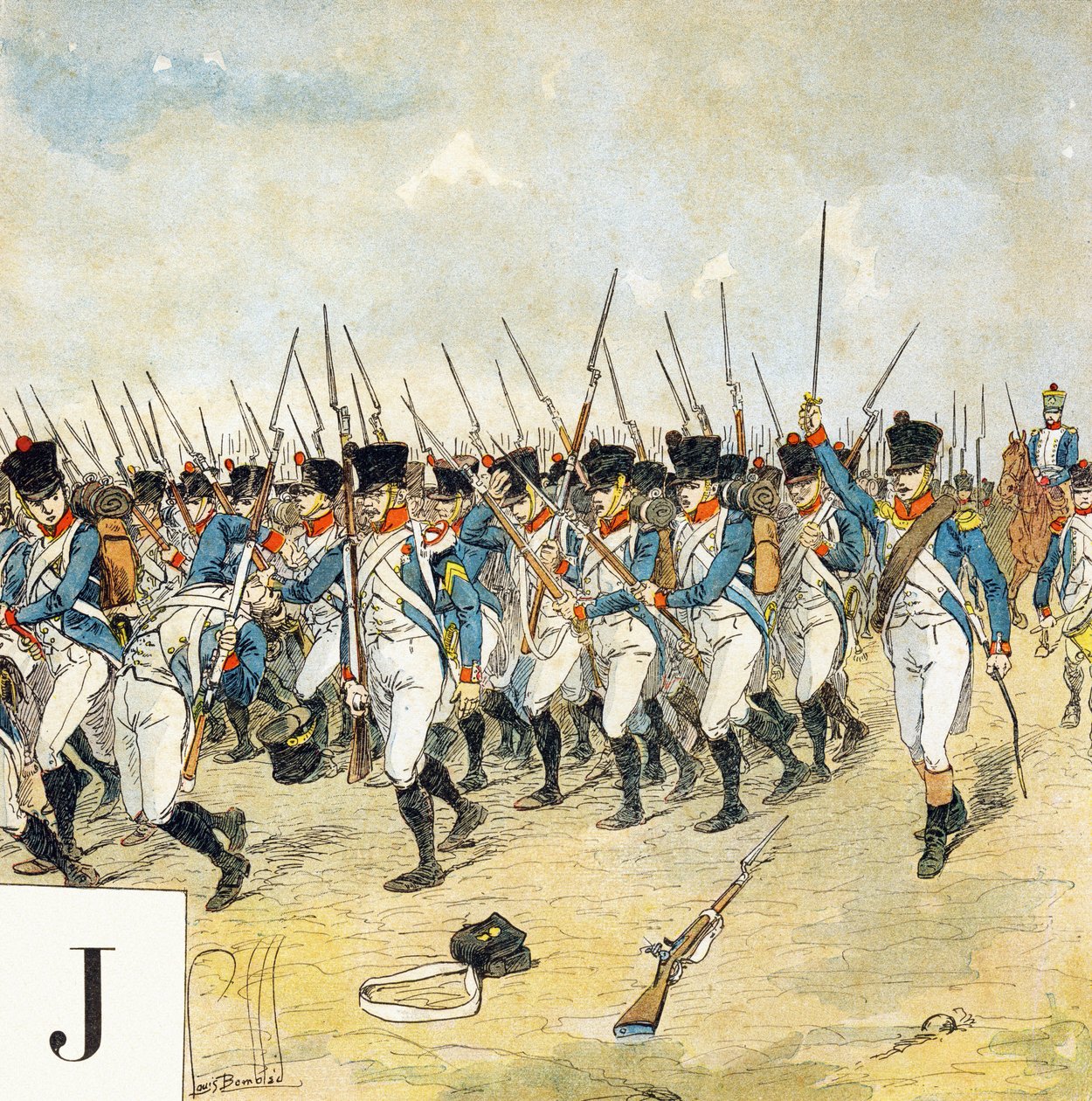 Bokstav J: Ung vakt, "Je serai soldat" (Jag kommer att vara en soldat) - Militärt alfabet av Louis Charles Bombled