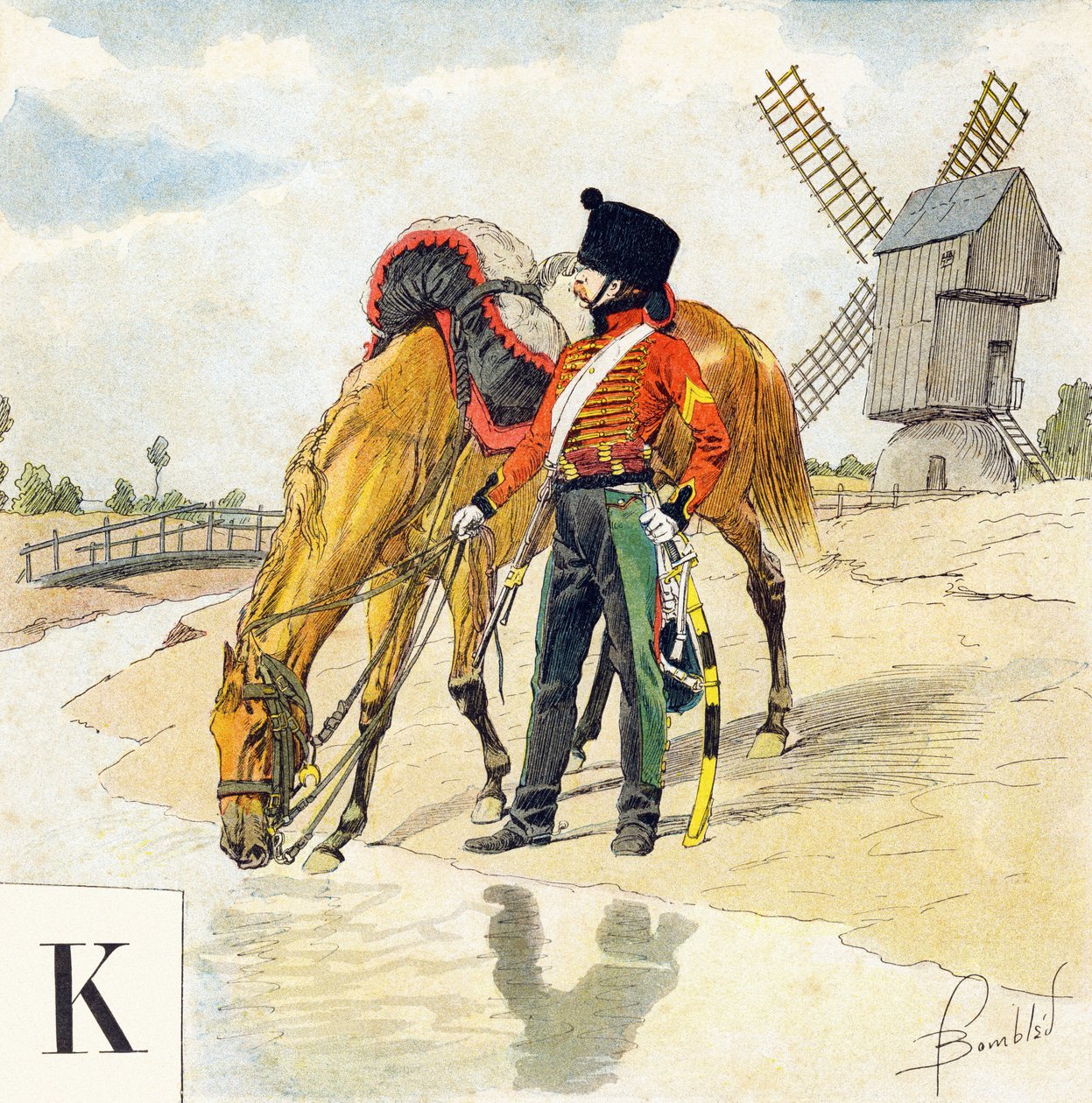 Bokstaven K: Kolbach (colback, colbaque), hatt för de franska ryttarna från det första och andra imperiet, "Je serai soldat" (Jag kommer att vara en soldat) - Militäralfabetet av Louis Charles Bombled