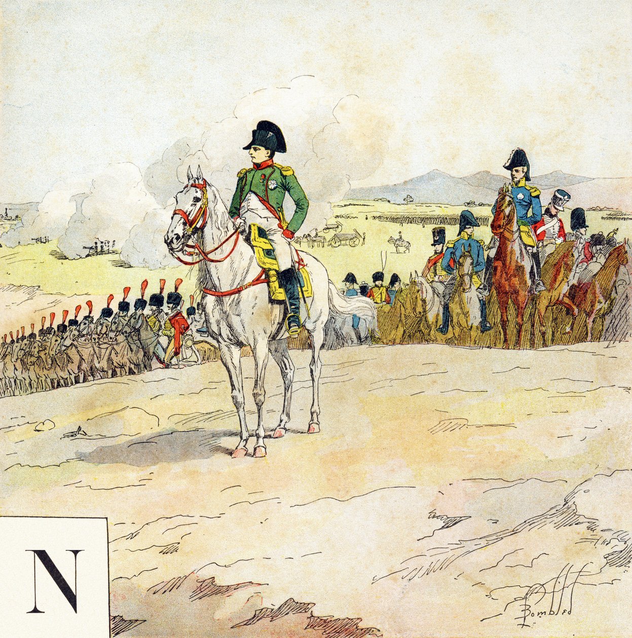 Bokstav N: Napoleon, "Jag kommer att vara en soldat" (Jag kommer att vara en soldat) - Militärt alfabet av Louis Charles Bombled