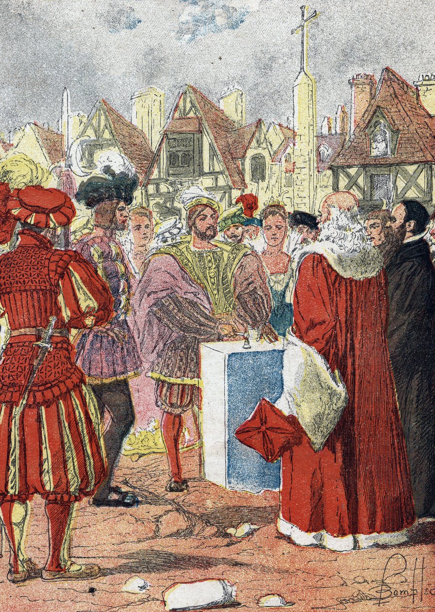 Poserar av kungen av Frankrike Francois I av den första stenen på Hotel de Ville de paris ritad av den italienska arkitekten Boccador av Louis Charles Bombled