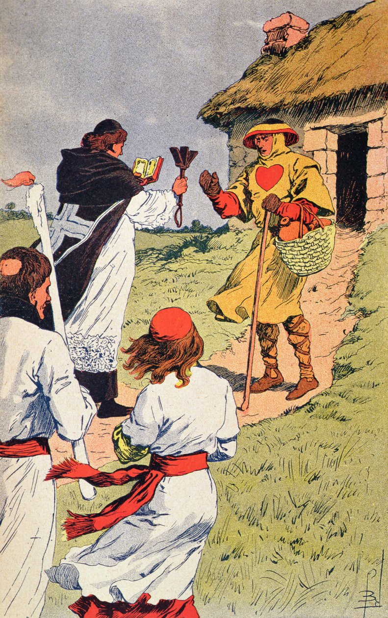 Präst som besöker en spetälsk på medeltiden, illustration från "Histoire de France" av Jules Michelet (1798-1874) (färggravyr) av Louis Charles Bombled