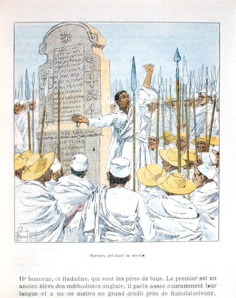 Trollkarlar som predikar revolt mot Frankrike efter den franska ockupationen av Madagaskar 1895, illustration från 