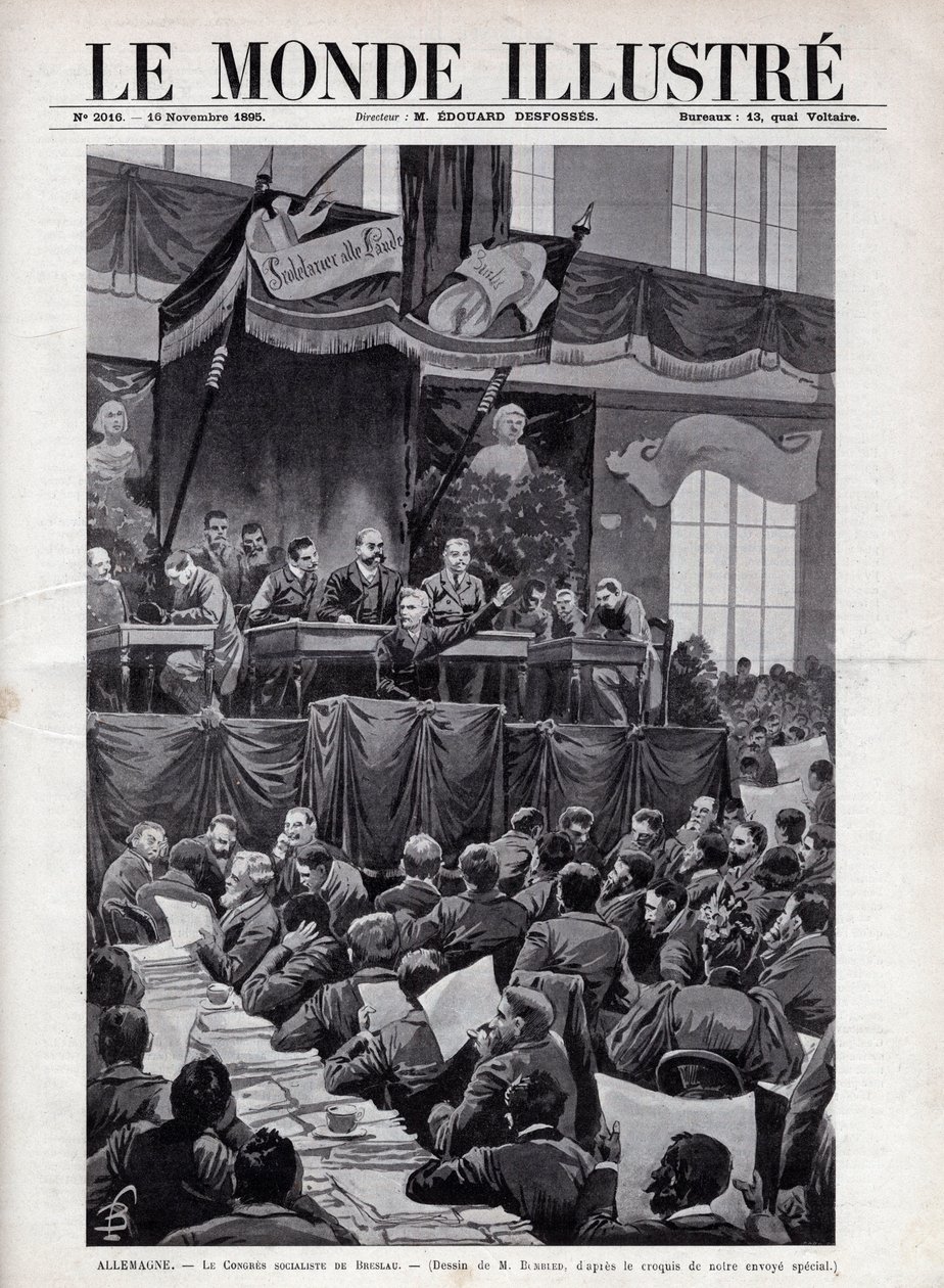 Tal av August Bebel (1840-1913) under socialistkongressen i Breslau i TYSKLAND 1895 - Gravyr i "The Illustrous World" 1895 - Teckning av Bombled. av Louis Charles Bombled