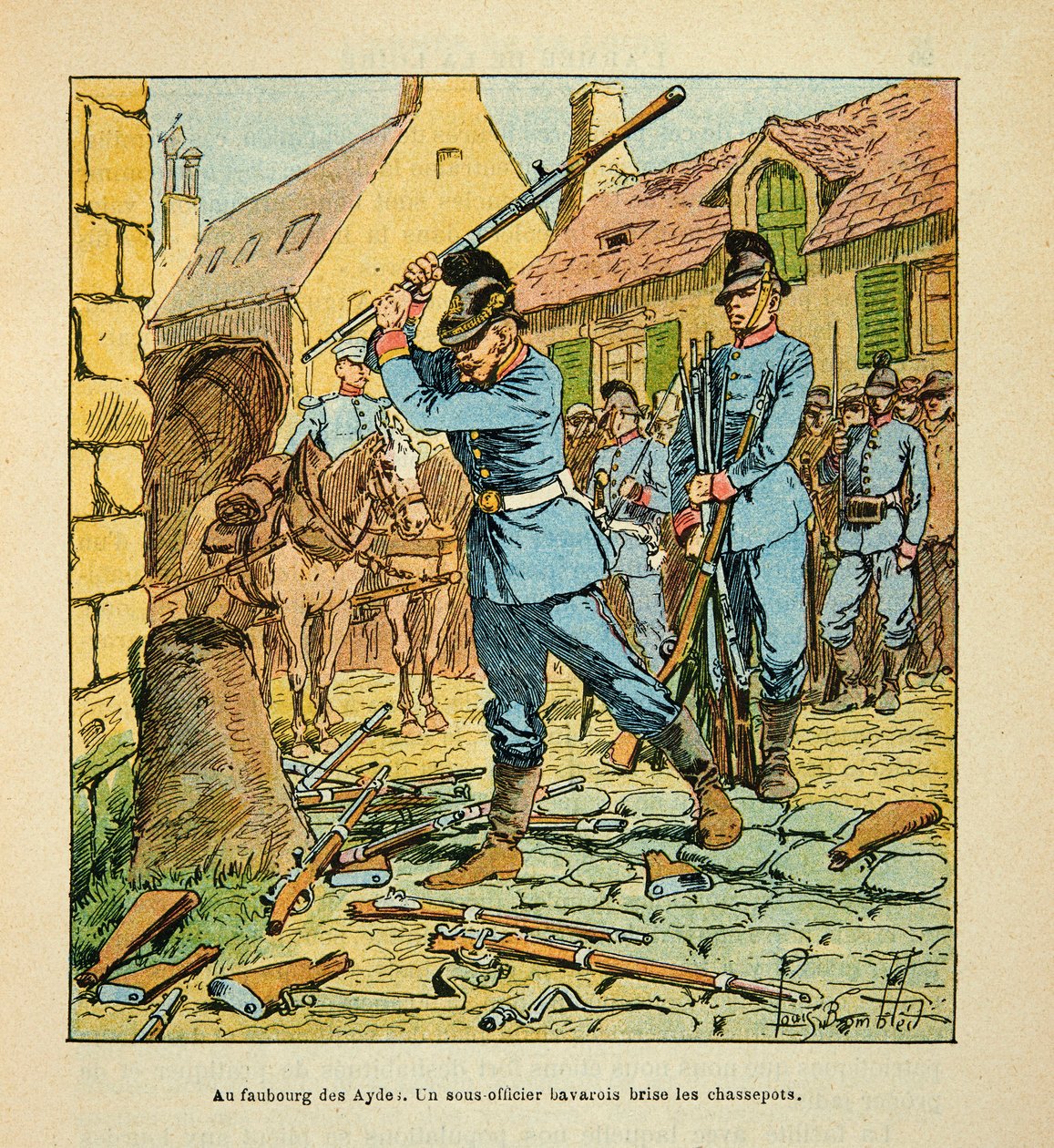 Armee de la Loire av Eugene Sergent, känd som Grenest, illustrerad av Louis Bombled (1862-1927) (fransk-tyska kriget; kampanj 1870-1871): Efter erövringen av staden Orleans i oktober 1870, en bayersk underofficer knäckte jägarna. (gevär kvar av Louis Charles Bombled