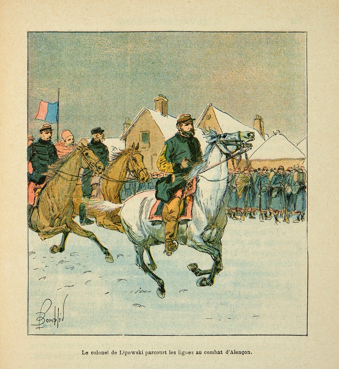 The Armee of the Loire av Eugene Sergeant, dit Grenest, illustrerad av Louis Bombled (1862-1927) (Frankisk-tyska kriget; kampanj 1870-1871): Överste Lipowski reser Alencons stridslinjer i januari 1871, privat samling av Louis Charles Bombled