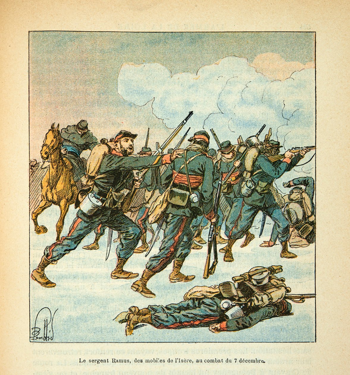 The Armee of the Loire av Eugene Sergeant, känd som Grenest, illustrerad av Louis Bombled (1862-1927) (Frankisk-tyska kriget; kampanj 1870 -1871): Sergeant Ramus från mobilen i Isere i slaget den 7 december av Louis Charles Bombled