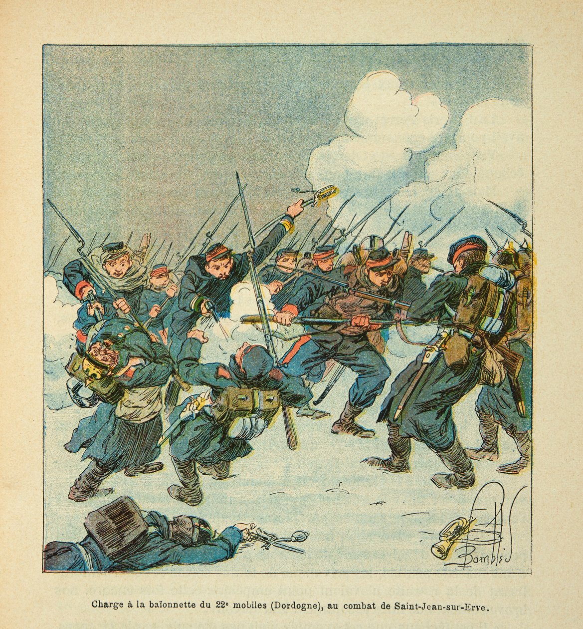 The Armee of the Loire av Eugene Sergeant, känd som Grenest, illustrerad av Louis Bombled (1862-1927) (fransk-tyska kriget; kampanj 1870 -1871): anfall till bajonetten av den 22:a mobilen (Dordogne) i slaget vid Saint Jean sur Evre i januari 1871, P av Louis Charles Bombled