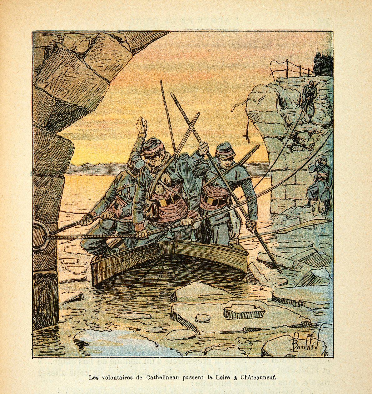 The Armee of the Loire av Eugene Sergent, dit Grenest, illustrerad av Louis Bombled (1862-1927) (fransk-tyska kriget; kampanj 1870-1871): General Cathelineau, befälhavare för de fransk-tyska skyttarna i Vendee, passerade Loire till Chateauneuf i december av Louis Charles Bombled