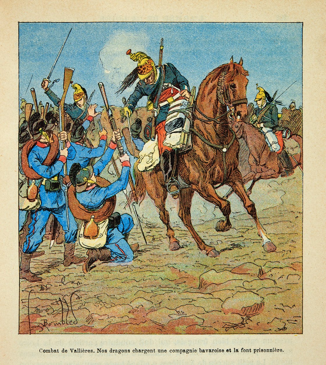 The Armee of the Loire av Eugene Sergent, känd som Grenest, illustrerad av Louis Bombled (1862-1927) (Frankisk-tyska kriget; kampanj 1870 -1871): Slaget vid Vallieres i november 1870, franska drakar attackerar ett bayerskt kompani och gör it-fången, menig  av Louis Charles Bombled